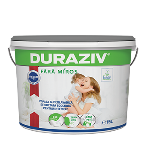 DURAZIV Fără Miros - Vopsea superlavabilă albă etichetată ecologic, cu Kauciuc®, Ecolabel (15L)