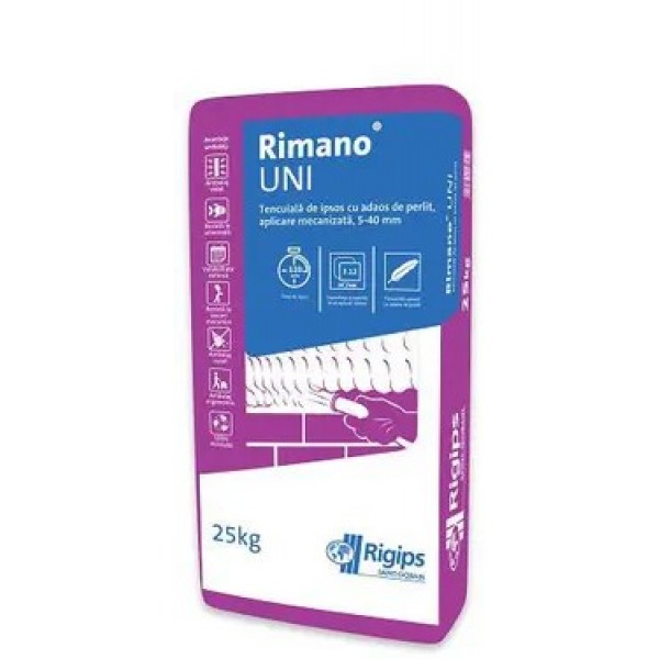 Tencuiala de Ipsos cu Adaos de Perlit UNI, Aplicare Mecanizata 5-40mm (25kg) Rimano